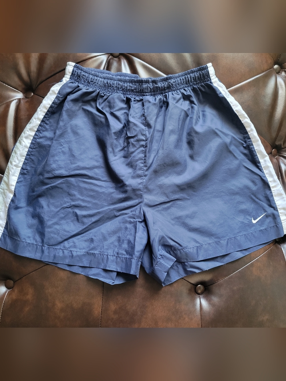 90s Nike Embroidery. Men's Navy Blue Athletic Shorts with White Side Trim